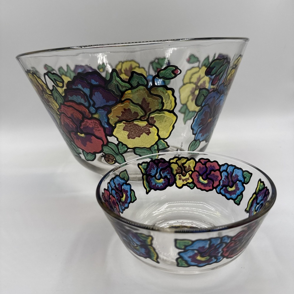 Vintage Pasinski Washington Glass Stained Glass Pansy Floral Serving Bowl 10.5"